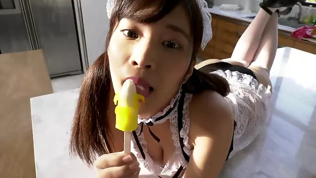 Petite Big Tittle Japanese Idol Dressed as Maid, Sucking Popsicles
