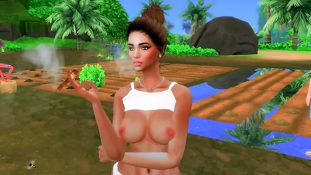 Busty Island Babe Gardening and Smoking Weed Topless - Lets Play Sims 4 - Homesteading with Hoku #1