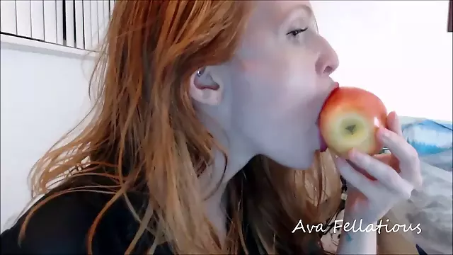 Teeth fetish, apple in mouth, red apple futa