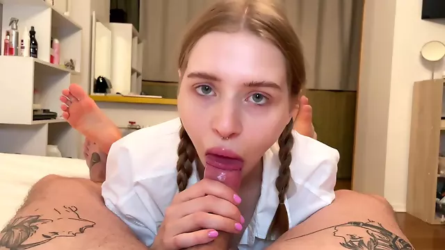 Cute Blowjob From Schoolgirl With Braces And Pigtails