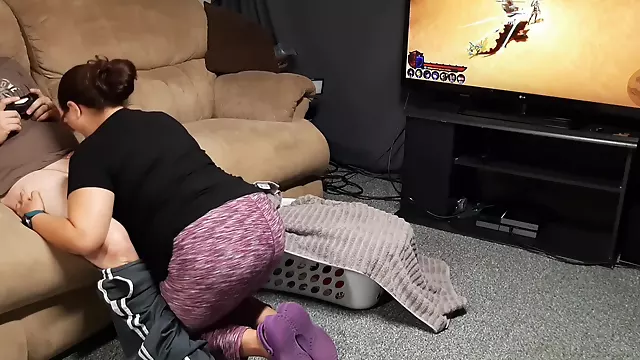 Step Mom Stops Doing Laundry To Suck Her Step Sons Cock While He Games. No Stopping!