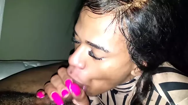 Chocolate trans girl giving me a sloppy blowjob