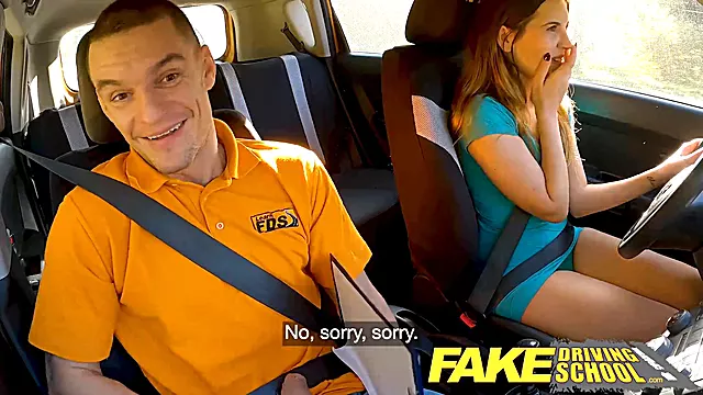 Miriam More's petite tits jizzed on by her Italian teacher in a public driving school POV