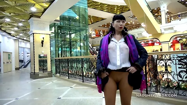 Naughty Russian mom flashing pussy in public mill - Seamless pantyhose - Big tits